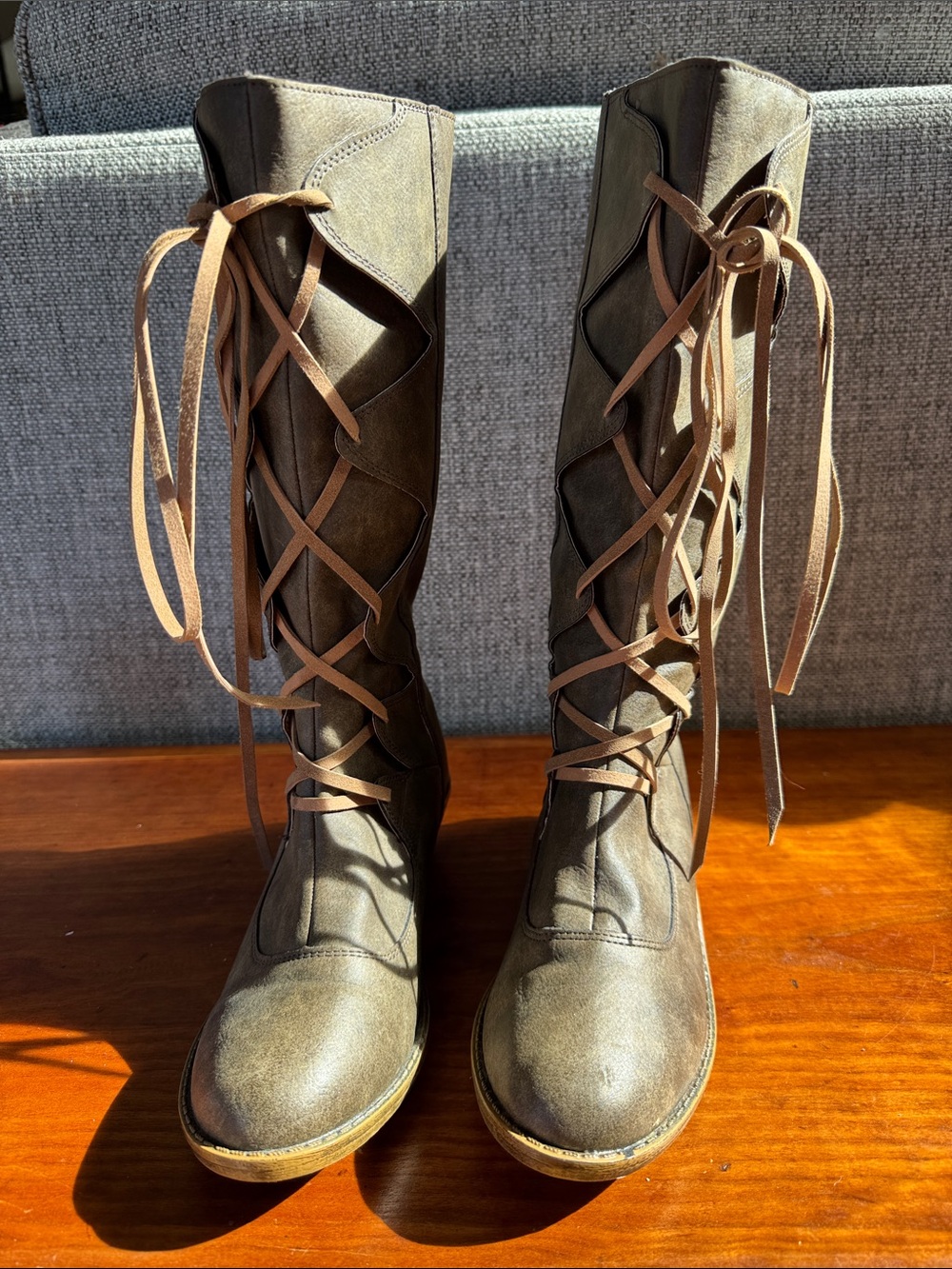 Avanti Grey-Green Faux Leather Lace-Up Knee HighTall Riding Boots Size 7